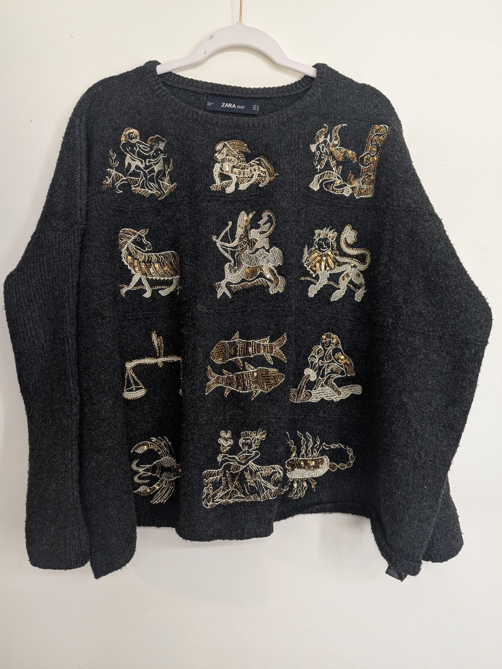ZARA Gray Crewneck Sweater with Gold Zodiac Embroideries